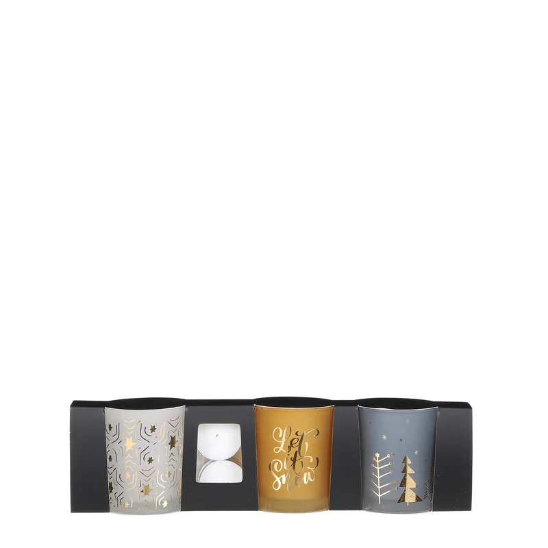 Theelicht houder wit goud blauw set van 3 incl. theelicht - h8xd7cm
