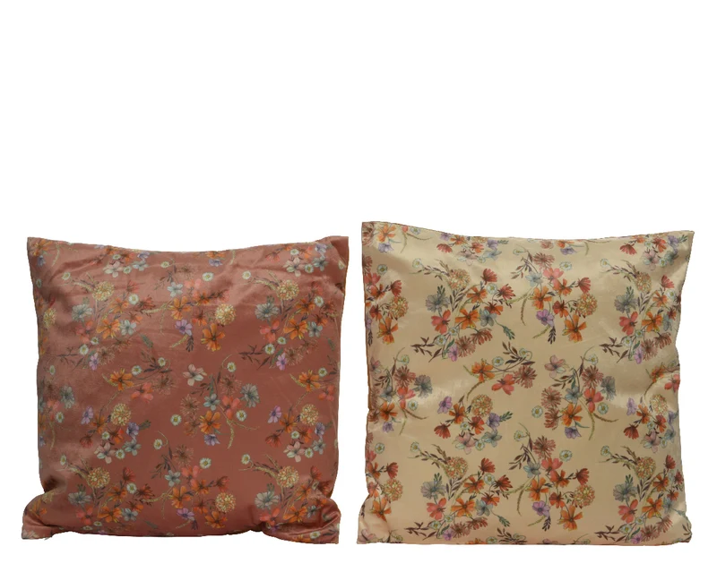 Cushion polyester velvet square flower print 2col assorted 45x45x5cm