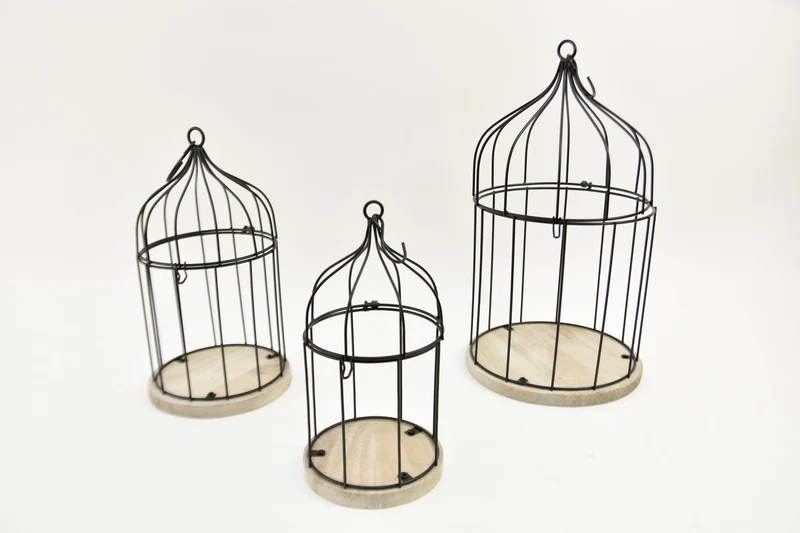 Set/3 vogelkooien zwart metaal met houten bodem D21/16/13 H38/31/25cm