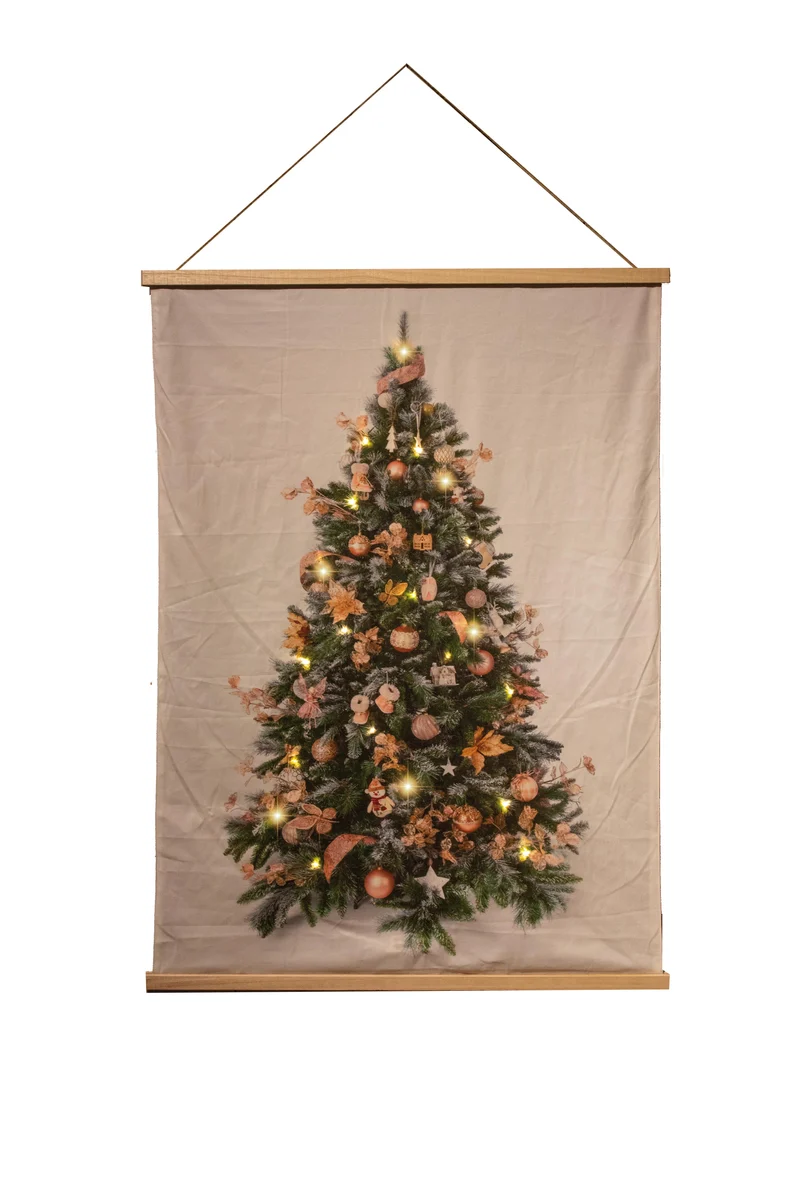 B.O. FLUWEEL POSTER KERSTBOOM ROZE DECO 90X120CM / 20LED WARM 2XAA