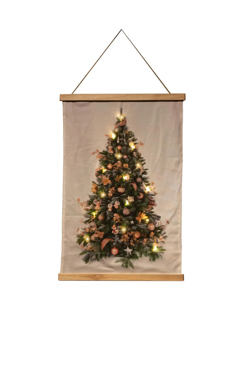 B.O. FLUWEEL POSTER KERSTBOOM ROZE DECO 52X70CM / 15LED WARM 2XAA