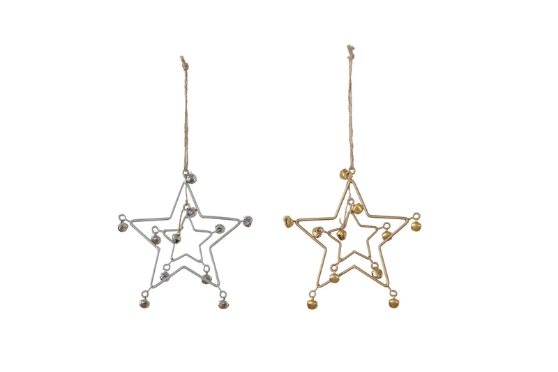 Star hanger with bells metal 12.5cm 2 assorted Gold/Silver