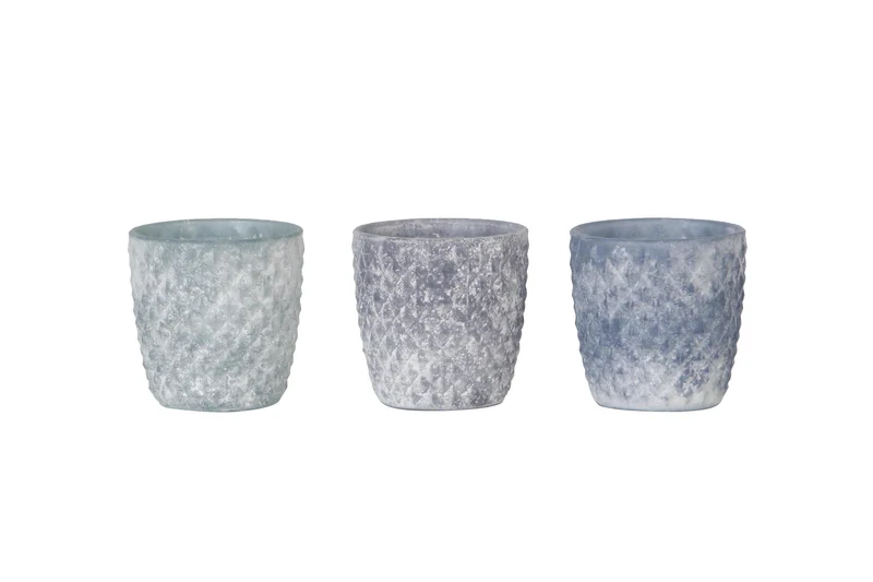 Glass candle holder 9x9x9cm 3 assorted Blue mix