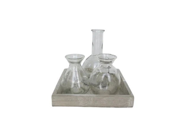 Houten tray grijs met 3 fles mix 17x17x16cm