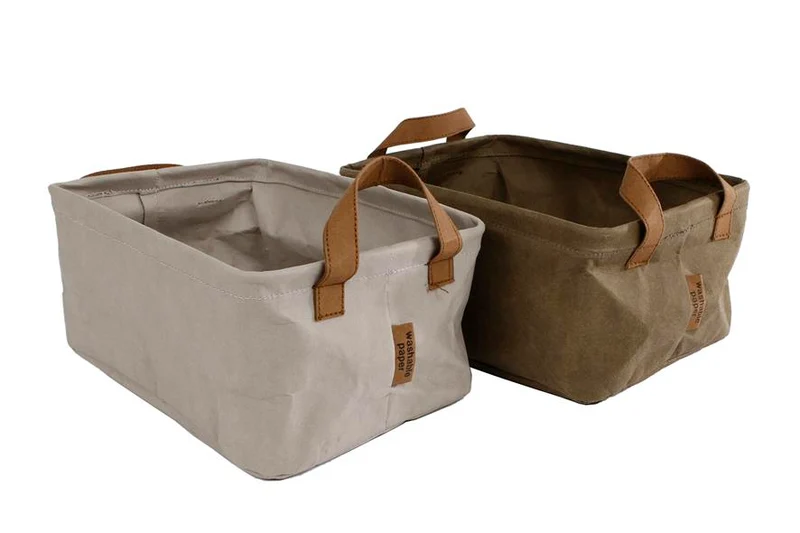Opbergbox L grijs/d.groen 2 assortie Washable paper 32x22x15cm