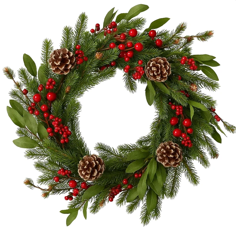 Cheqo® Kerstkrans Groen - Ø50 cm - Traditionele Kerstdecoratie - Rode Bessen - Bruine Dennenappels - Polyetheen Materiaal - Klassieke Kerstkleuren - Eenvoudige Ophanging - Kerstinterieur - Groene Dennentakken - Deurkrans