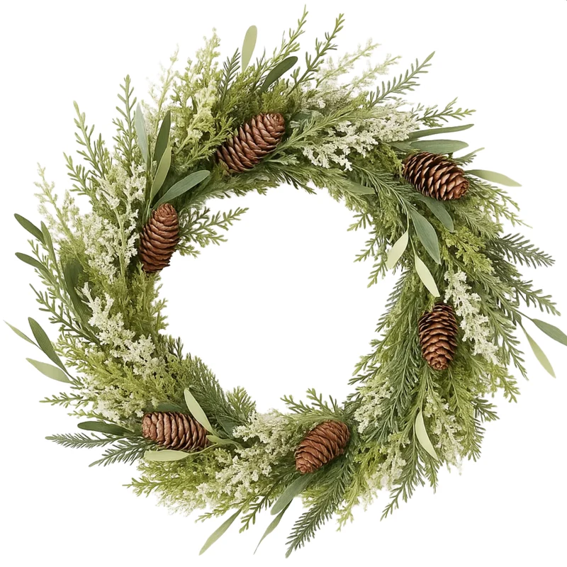 Cheqo® Groene Kerstkrans - Ø40 cm - Dennenappels - Dennentakken - Langwerpige Blaadjes - Natuurlijke Uitstraling - PE Materiaal - Deurdecoratie - Wanddecoratie - Kerstversiering - Sfeervolle Krans - Deurkrans - Kunstkerstkrans
