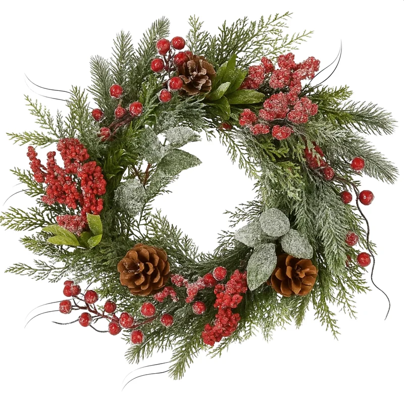 Cheqo® Kerstkrans Ø50 Cm - Rode Besjes - Bruine Dennenappels - Witte Afwerking - Licht Besneeuwd - Traditionele Kerstkleuren - Kerstdecoratie Interieur - Groene Dennennaaldjes - Eenvoudige Ophanging - Deurkrans - Rode Krans