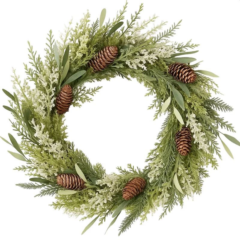 Cheqo® Groene Kerstkrans - Ø50 cm - Dennenappels - Dennentakken - Langwerpige Blaadjes - Natuurlijke Uitstraling - PE Materiaal - Deurdecoratie - Wanddecoratie - Kerstversiering - Binnen En Buiten - Sfeervolle Decoratie - Deurkrans
