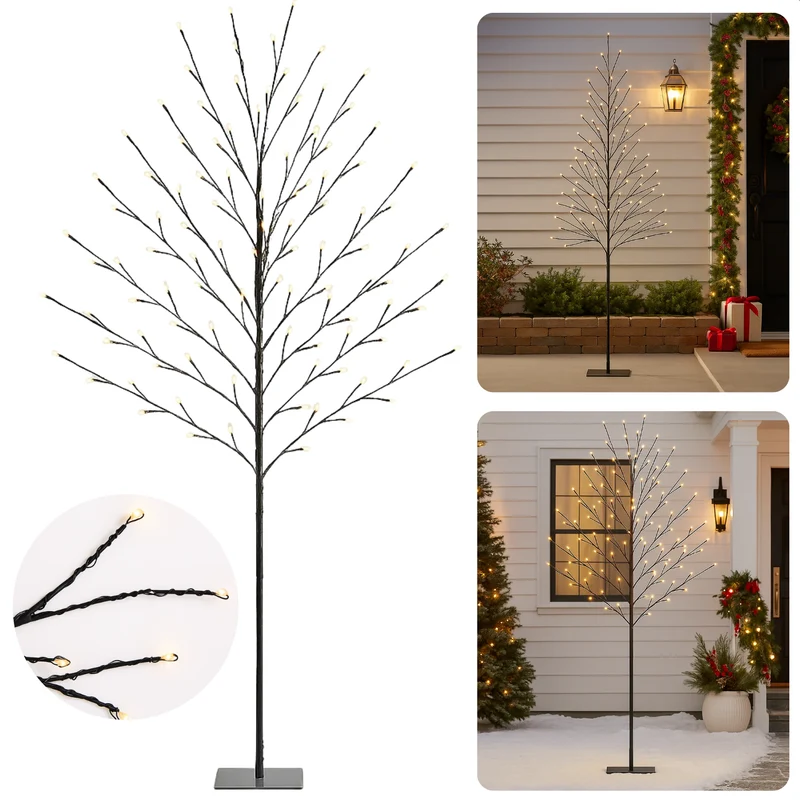 Cheqo® Verlichte Boom - LED Kerstboom- Warm Witte LED Lampjes - Kerstdecoratie Buiten - LED Boom - Spatwaterdicht - Buitenverlichting - Kerstverlichting Met Adapter - 248 LED Lampjes - IP44 - 200cm