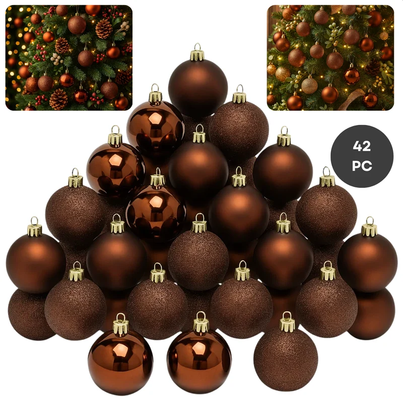 Cheqo® Kerstballen Set - Glazen Kerstballen - Bruine Kerstballen - Kerstboom Decoratie - Set Van 42 - Glimmende Kerstballen - Glitter Kerstballen - Diverse Afmetingen - Kerstballen Set Bruin - Kerstbal Set