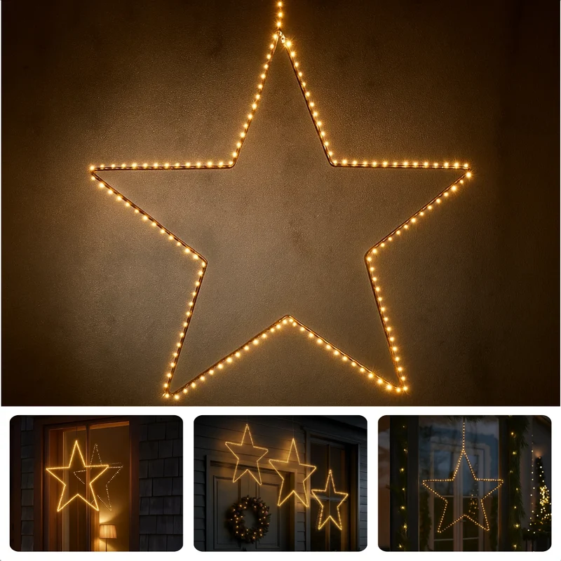 Cheqo® Ster Kerstverlichting - Kerstster - Warm Witte LED - Decoratieve Hangers - Zwarte Metalen Frame - Moderne Stijl - Kerstdecoratie Buiten - LED Lampjes Met Timer - 180 LED Lampjes - Adapter Inbegrepen - Tuinverlichting