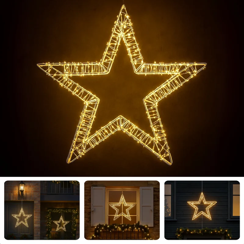 Cheqo® Kerstster Met LED - Warm Wit Licht - Stervormige Kerstverlichting - Buitenverlichting Spatwaterdicht - 36 CM Diameter - 800 LED-Lampjes - IP44-Stekker - Timerfunctie Verlichting - Raamdecoratie Kerst - Tuinverlichting Kerst
