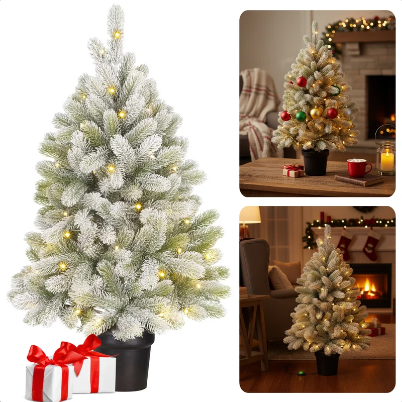 Cheqo® Kunstkerstboom Met Verlichting - Kleine Kerstboom - LED Lichtjes - Warm Wit Licht - Batterij Aangedreven - Compacte Kerstboom - Tafeldecoratie Kerstboom - Subtiel Besneeuwde Takken - Sfeervolle Decoratie - PE-Takken - Mini Kerstboom