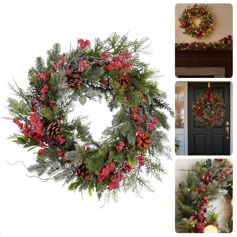Cheqo® Kerstkrans Ø40 CM - Traditionele Kerstkleuren - Rode Besjes - Bruine Dennenappels - Licht Besneeuwd - Groene Dennennaaldjes - Kerstdecoratie Interieur - Eenvoudig Ophangen - Subtiele Witte Afwerking - Kerstversiering - Deurkrans