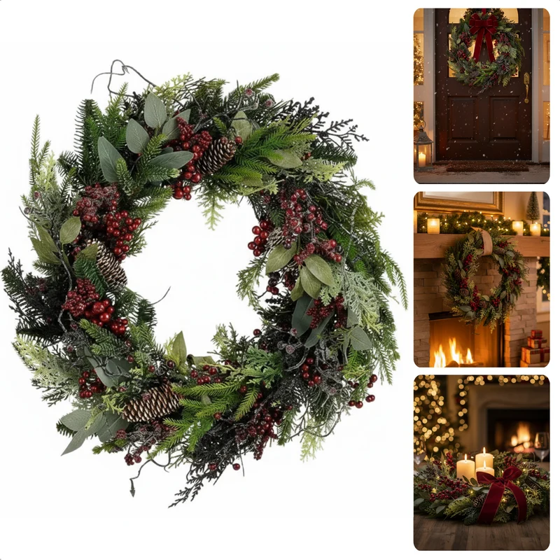 Cheqo® Kerstkrans Bordeaux - Kerstkrans Met Dennenappels - Groene Takken En Bladeren - Bordeauxrode Besjes - Natuurlijke Dennenappels - Ø50 CM - Kerstsfeer In Huis - Voordeur Decoratie - Kerst Krans - Deurkrans