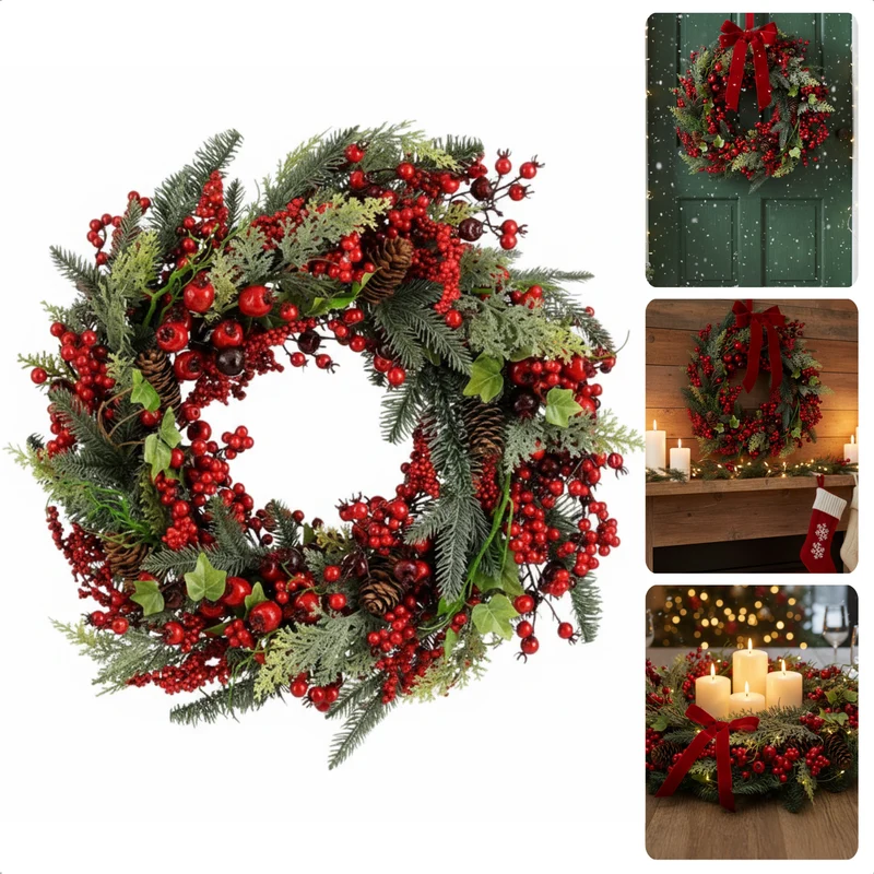 Cheqo® Kerstkrans Met Dennenappels - Rode Bessen Kerstkrans - Groene Takken Krans - Traditionele Kerstkleuren - Ø50 CM Krans - Klassieke Kerstdecoratie - Feestelijke Krans - Kerstversiering Groen Rood - Deurkrans Kerst - Wandkrans Kerst