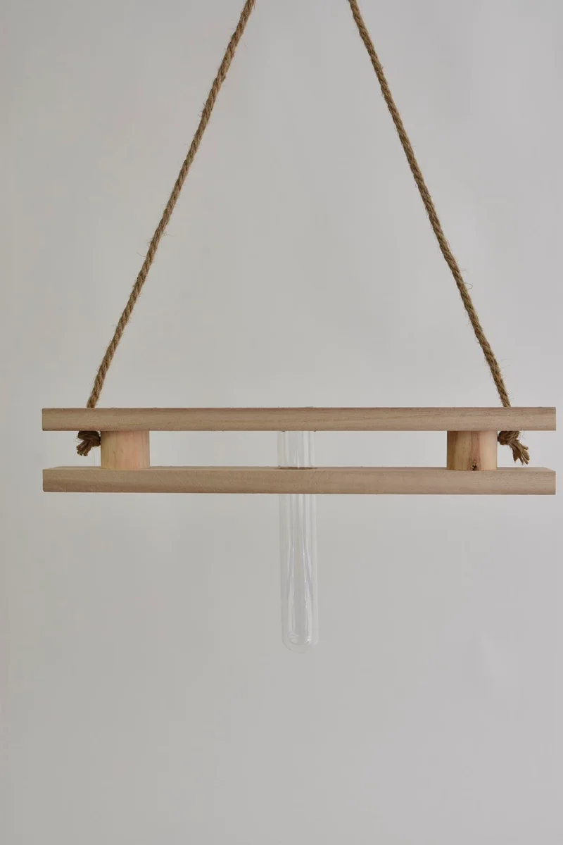 Houten hanger deco 40x5x3cm Naturel met reageerbuis