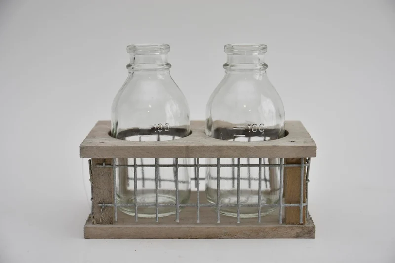 Tray hout/gaas met 2 flessen grey wash 14,5x8x11cm