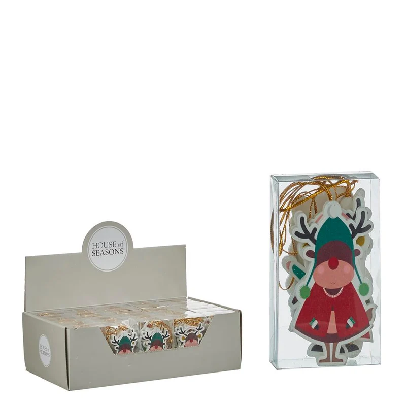 Ornament kerstman hert bladeren ro/wit/gro leaves 6 stuks -