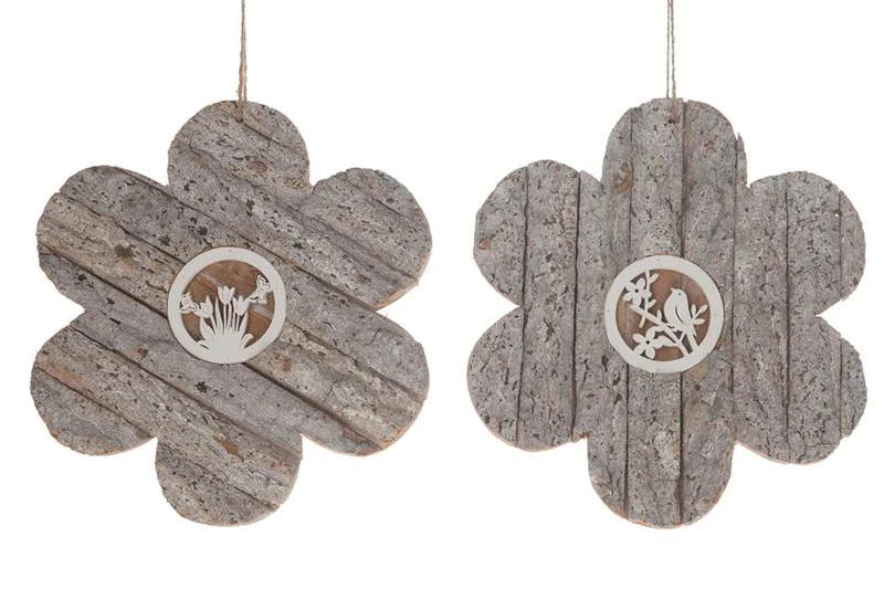 Wooden flower with bark hanger 25x25x1.5cm 1pc 2 assorted Wh