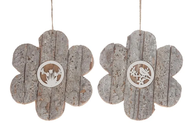 Wooden flower with bark hanger 20x20x1.5cm 1pc 2 assorted Wh