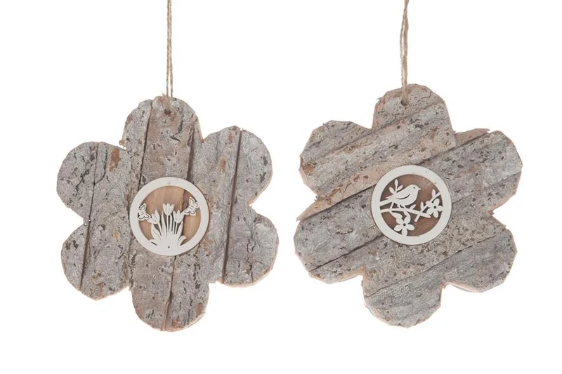 Wooden flower with bark hanger 15x15x1.5cm 1pc 2 assorted Wh