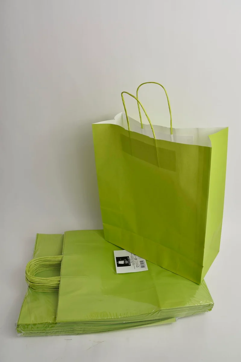 Draagtas Lime kraft 35+14x40cm a 50 stuks gedraaid handv.