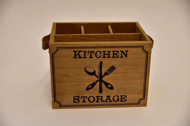 Bestekbakje hout "Kitchen storage" leren greep 17x12,5x12,5c