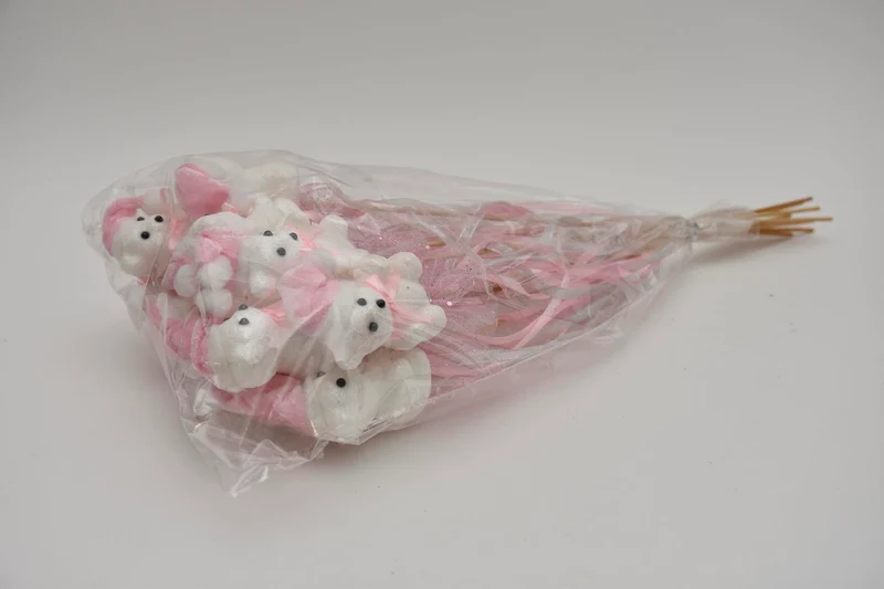 Pak á 12 Beer roze/wit glitter op 50cm stok met lint