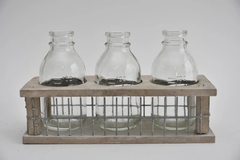 Tray hout/gaas met 3 flessen grey wash 21x8x11cm