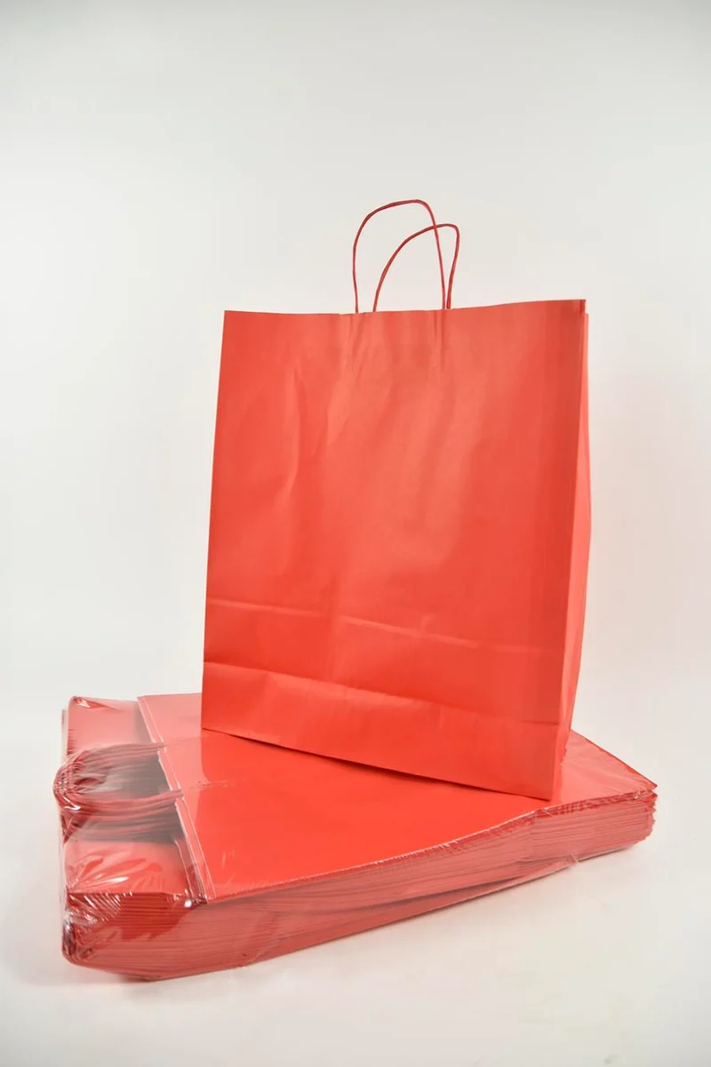 Draagtas Rood kraft 35+14x40cm a 50 stuks gedraaid handv.
