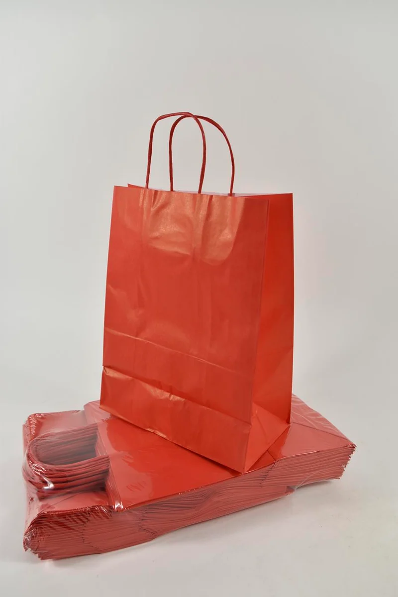 Draagtas Rood kraft 23+12x30cm a 50 stuks gedraaid handv.