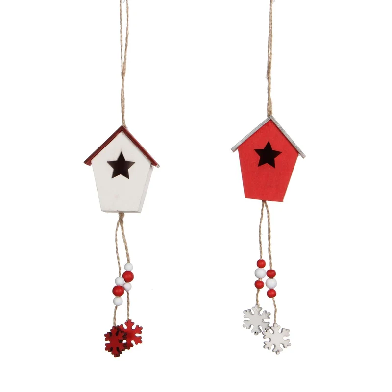 Ornament vogelkooi wit rood 2 assorti - l6xb4xh29cm