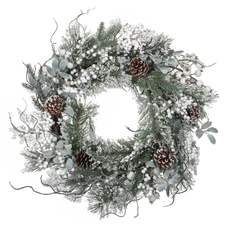 Besneeuwde kerstkrans met dennenappels en glitters, Ø 50 cm