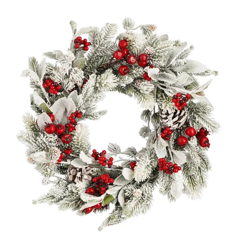 Kerstkrans met besneeuwde takken en rode bessen, Ø 40 cm