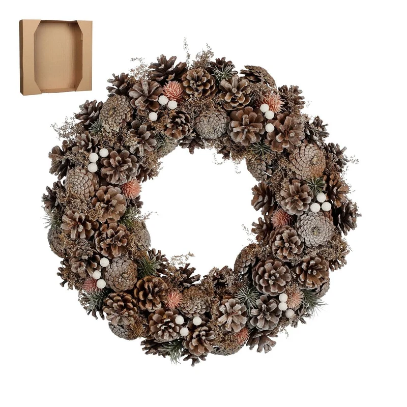 Kerstkrans met dennenappels en perzikkleurige decoratie, 50 cm