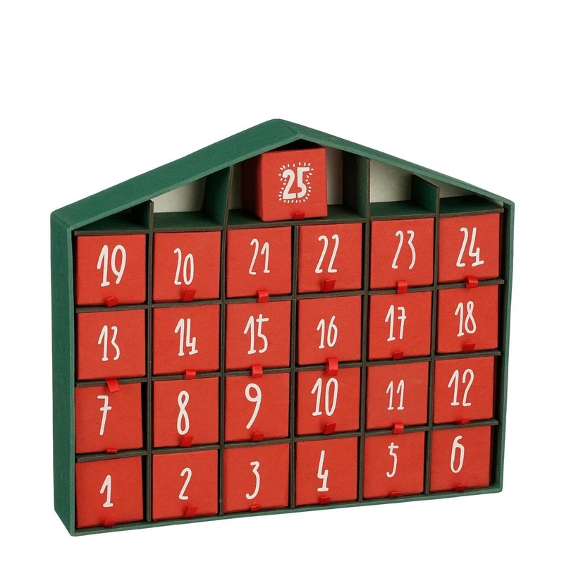 Adventskalender rood met 25 vakjes, zonder inhoud