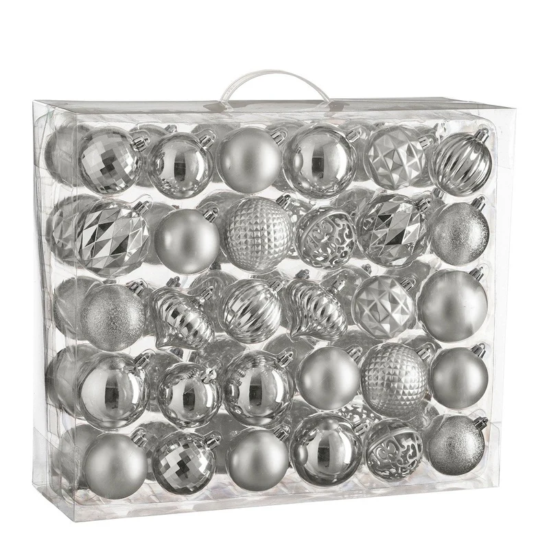 Zilverkleurige kerstballen set, onbreekbaar, 60 stuks Ø 7 cm