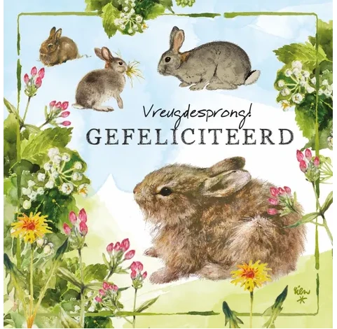 Rien Poortvliet Wenskaart – Vreugdesprong gefeliciteerd konijntjes – 13,5 x 13,5 cm