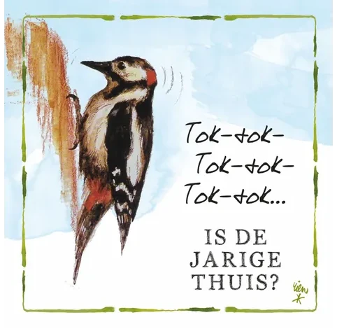 Rien Poortvliet Wenskaart – Tok tok is de jarige thuis – 13,5 x 13,5 cm