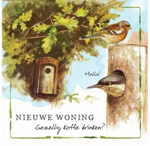 Rien Poortvliet Wenskaart – Nieuwe woning gezellig koffie drinken – 13,5 x 13,5 cm
