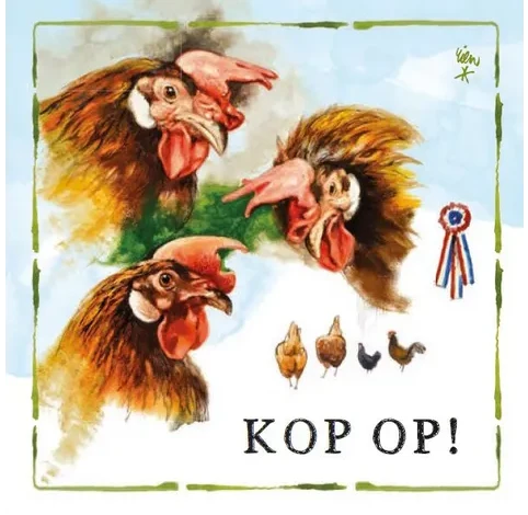 Rien Poortvliet Wenskaart – Kop op kippen – 13,5 x 13,5 cm