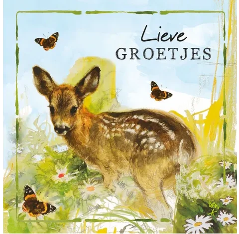 Rien Poortvliet Wenskaart – Lieve groetjes hertje – 13,5 x 13,5 cm