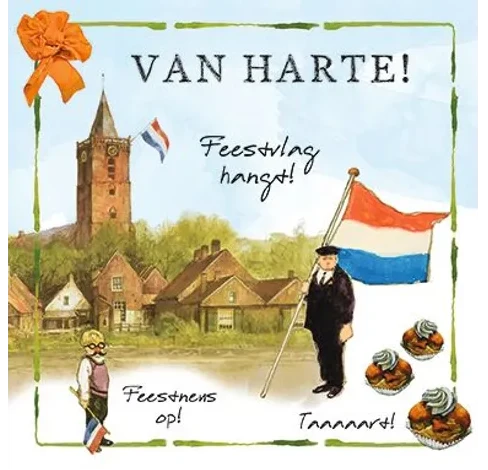 Rien Poortvliet Wenskaart – Van harte Feestvlag hangt – 13,5 x 13,5 cm