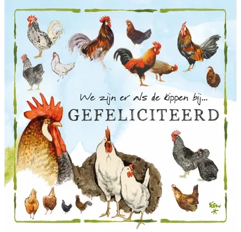 Rien Poortvliet Wenskaart – We zijn er als de kippen bij, 13,5 x 13,5 cm