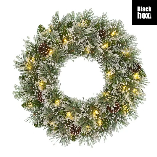 Groene krans 45 cm - Frosted met LED's en Pinecones