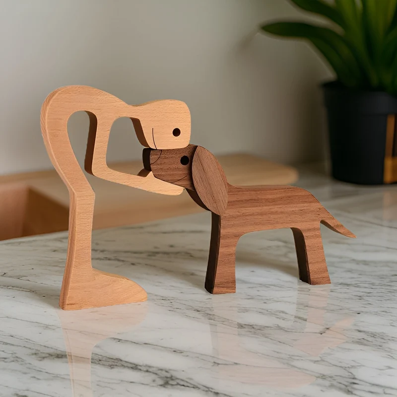 SoulPaws – Handgemaakte Houten Sculptuur van Hond en Mens voor een Tijdloze Verbinding
