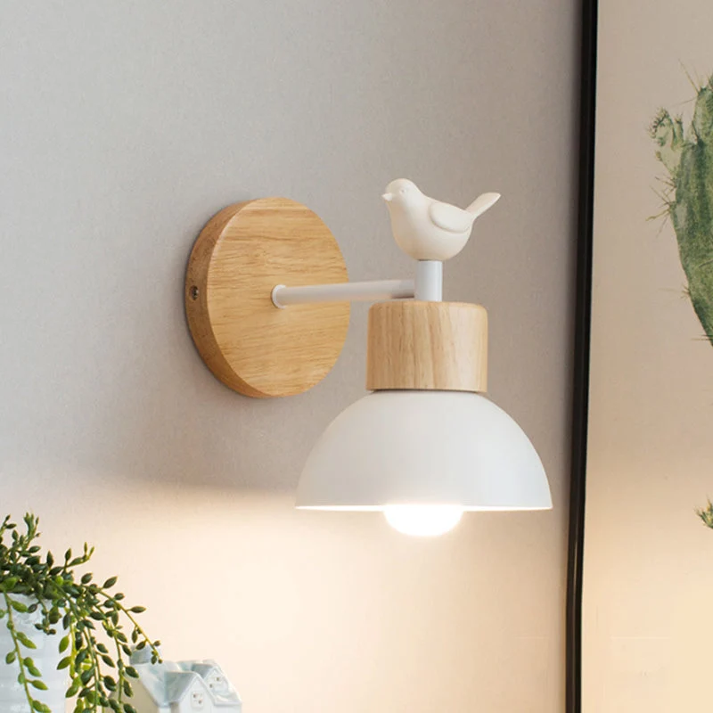 Nordic Style Wandlamp Dome 1 Gloeilamp Metaal & Hout met Vogel voor Kinderkamer