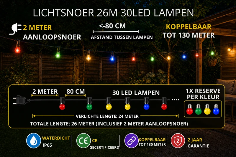 Lichtsnoer voor buiten en binnen - Kleuren- 26 meter 30LED lampen - Prikkabel - Terras verlichting - Tuinverlichting
